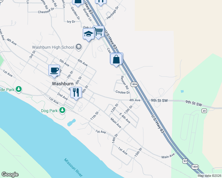 map of restaurants, bars, coffee shops, grocery stores, and more near 236 Coulee Drive in Washburn