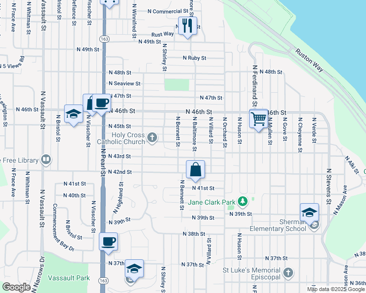map of restaurants, bars, coffee shops, grocery stores, and more near 5401 North 44th Street in Tacoma