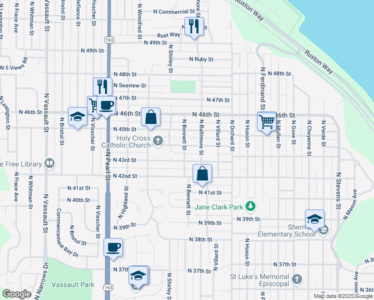 map of restaurants, bars, coffee shops, grocery stores, and more near 5401 North 44th Street in Tacoma