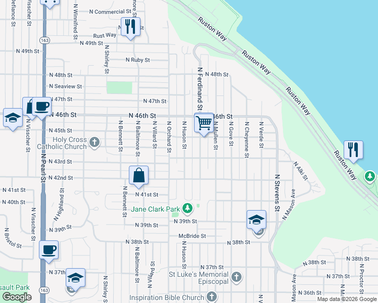 map of restaurants, bars, coffee shops, grocery stores, and more near 4323 North Huson Street in Tacoma