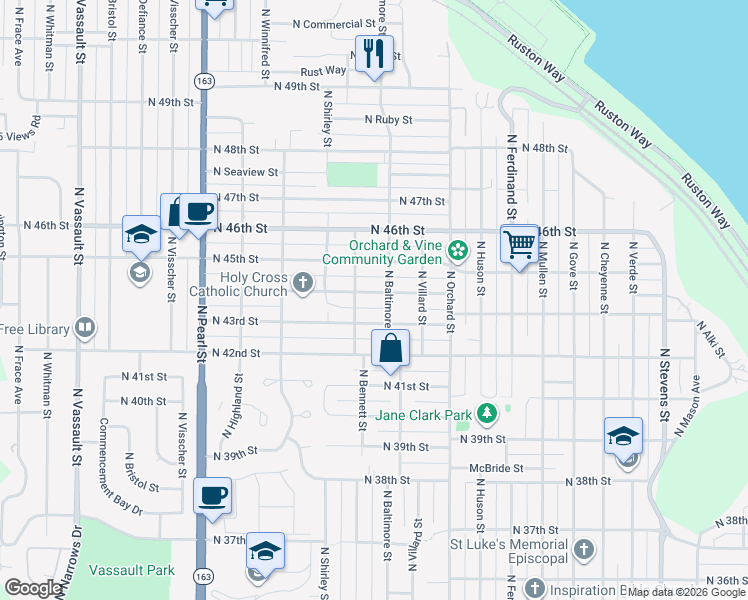 map of restaurants, bars, coffee shops, grocery stores, and more near 4402 North Baltimore Street in Tacoma