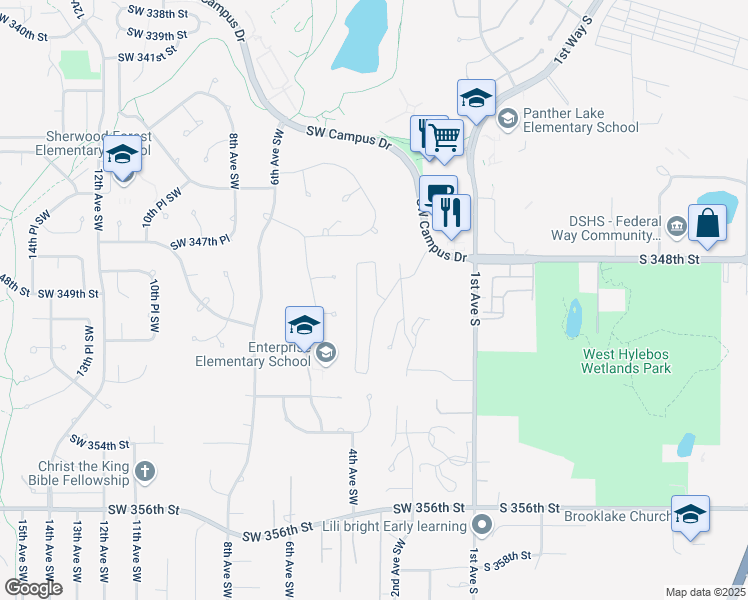 map of restaurants, bars, coffee shops, grocery stores, and more near 125 Southwest Campus Drive in Federal Way