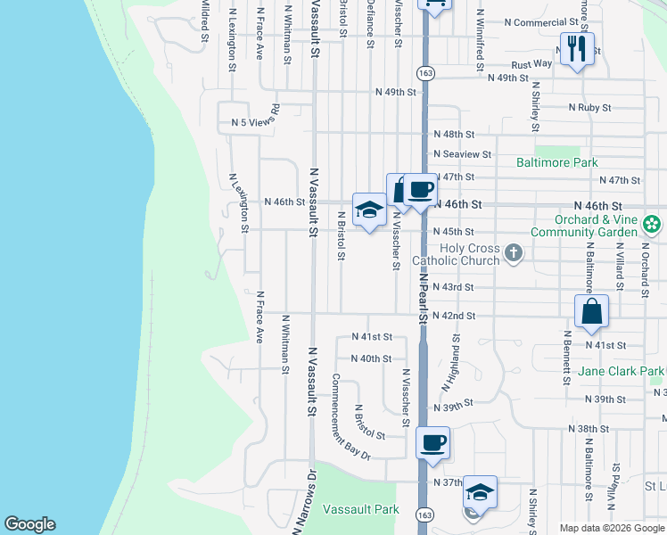 map of restaurants, bars, coffee shops, grocery stores, and more near 4248 North Bristol Street in Tacoma