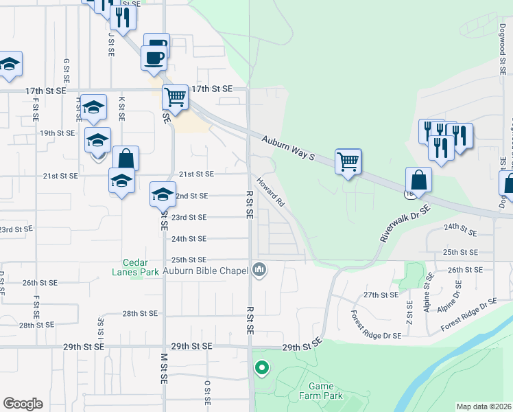 map of restaurants, bars, coffee shops, grocery stores, and more near 1540 22nd Street Southeast in Auburn