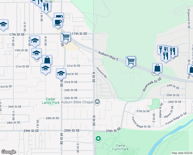 map of restaurants, bars, coffee shops, grocery stores, and more near 1540 22nd Street Southeast in Auburn