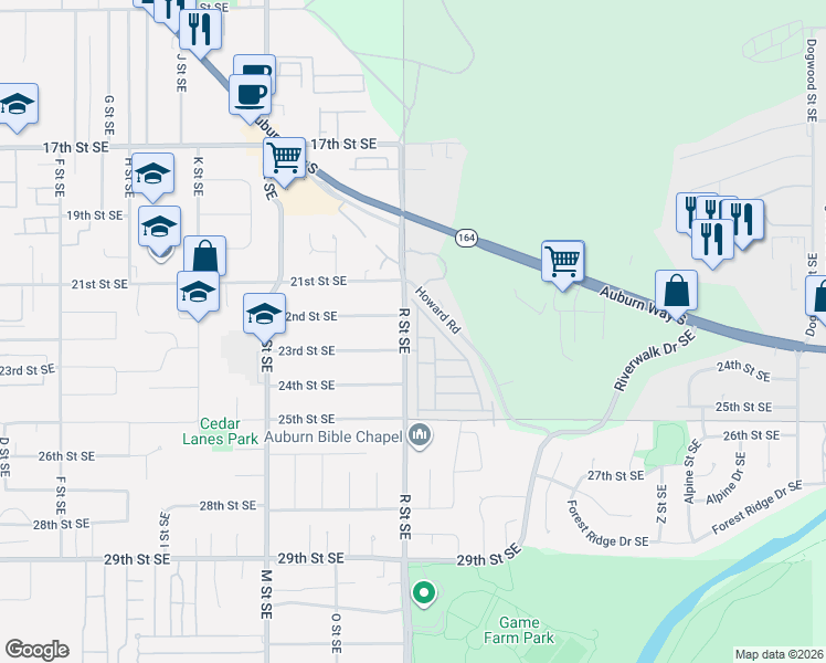 map of restaurants, bars, coffee shops, grocery stores, and more near 1540 22nd Street Southeast in Auburn