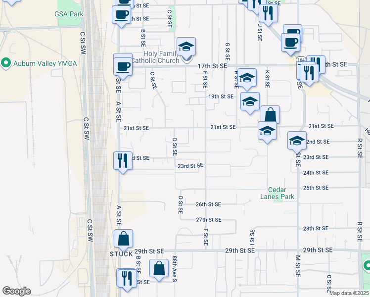 map of restaurants, bars, coffee shops, grocery stores, and more near 425 22nd Street Southeast in Auburn
