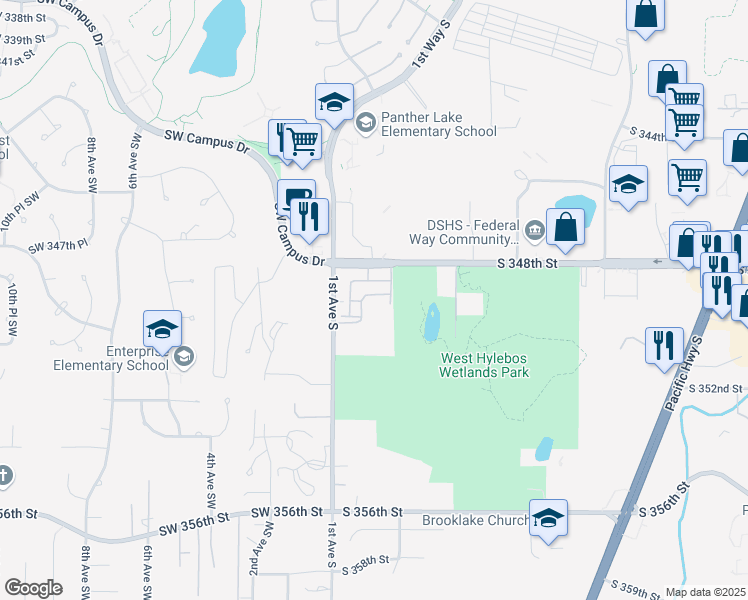 map of restaurants, bars, coffee shops, grocery stores, and more near 201-389 S 348th St in Federal Way