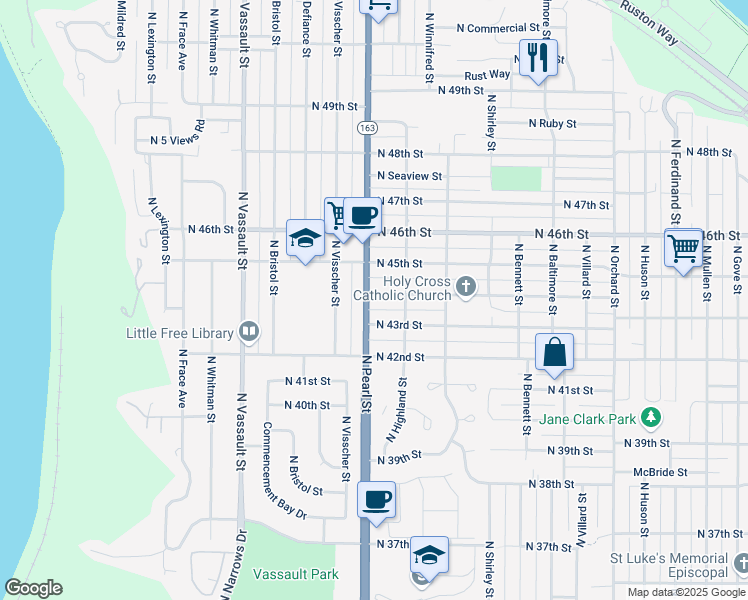 map of restaurants, bars, coffee shops, grocery stores, and more near 4319 North Pearl Street in Tacoma