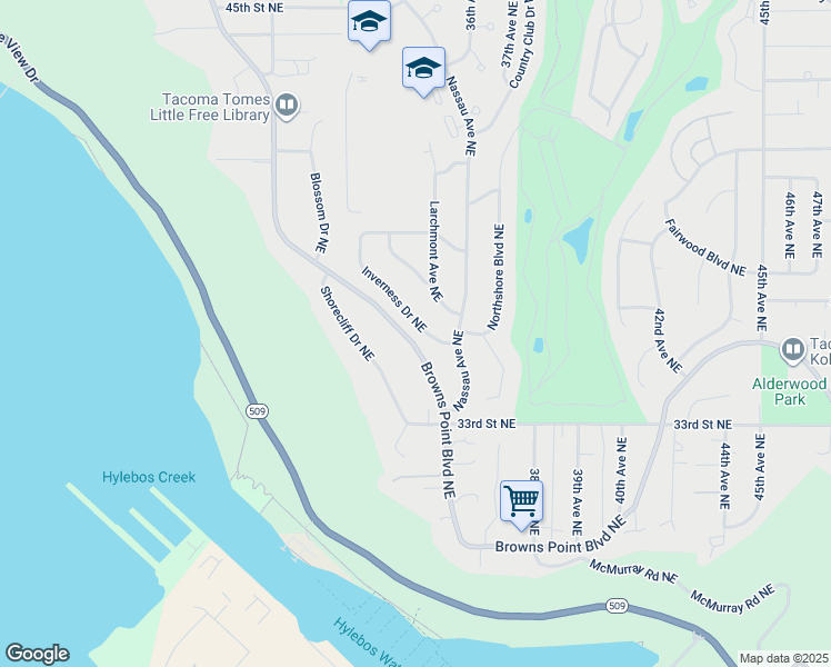 map of restaurants, bars, coffee shops, grocery stores, and more near 3524 Inverness Drive Northeast in Tacoma