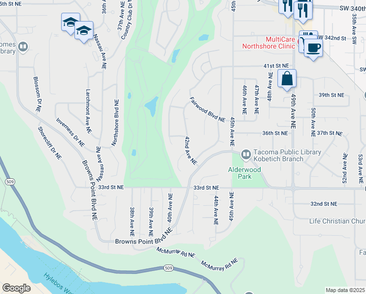 map of restaurants, bars, coffee shops, grocery stores, and more near 3509 Spyglass Drive Northeast in Tacoma
