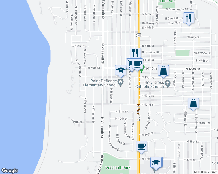 map of restaurants, bars, coffee shops, grocery stores, and more near 4248 North Bristol Street in Tacoma
