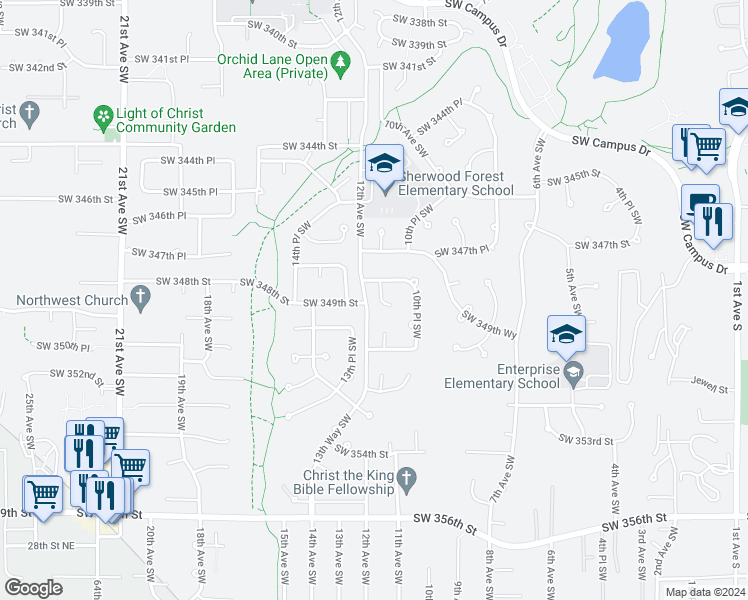 map of restaurants, bars, coffee shops, grocery stores, and more near 34817 11th Avenue Southwest in Federal Way
