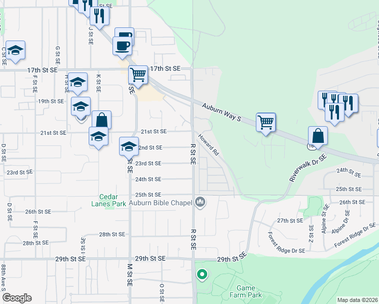 map of restaurants, bars, coffee shops, grocery stores, and more near 1540 22nd Street Southeast in Auburn