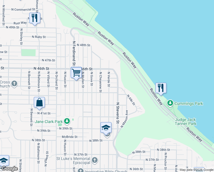 map of restaurants, bars, coffee shops, grocery stores, and more near 4316 North Verde Street in Tacoma