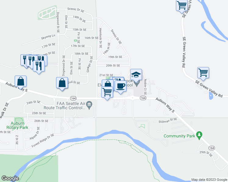 map of restaurants, bars, coffee shops, grocery stores, and more near 3324 Auburn Way South in Auburn