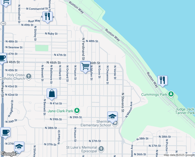 map of restaurants, bars, coffee shops, grocery stores, and more near 4316 North Gove Street in Tacoma