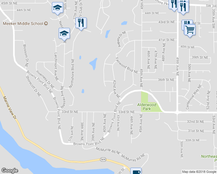 map of restaurants, bars, coffee shops, grocery stores, and more near 3509 Spyglass Drive Northeast in Tacoma