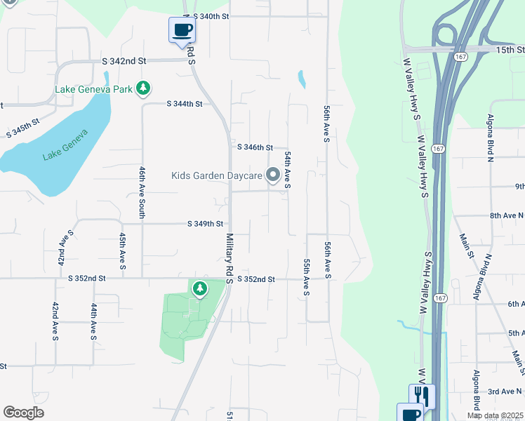 map of restaurants, bars, coffee shops, grocery stores, and more near 34825 53rd Avenue South in Auburn