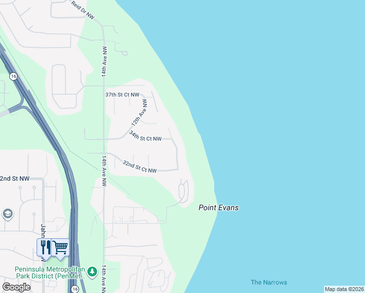 map of restaurants, bars, coffee shops, grocery stores, and more near 3323 9th Avenue Court Northwest in Gig Harbor