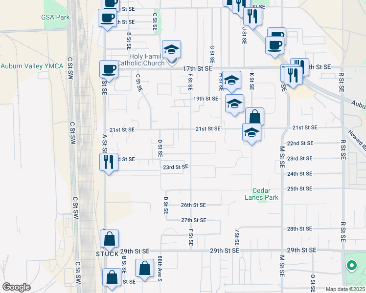 map of restaurants, bars, coffee shops, grocery stores, and more near 602 Cedar Drive Southeast in Auburn