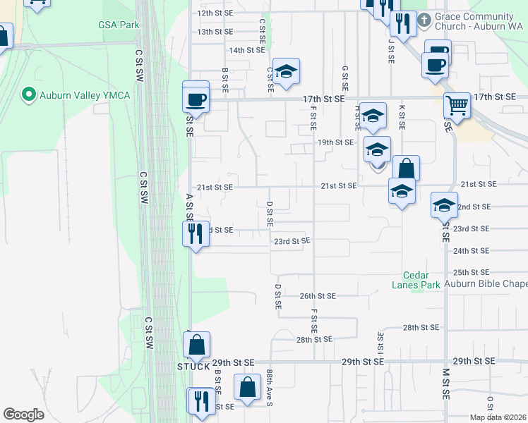 map of restaurants, bars, coffee shops, grocery stores, and more near 2201 D Street Southeast in Auburn