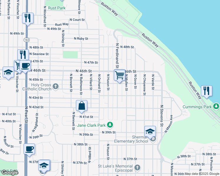 map of restaurants, bars, coffee shops, grocery stores, and more near 4323 North Huson Street in Tacoma