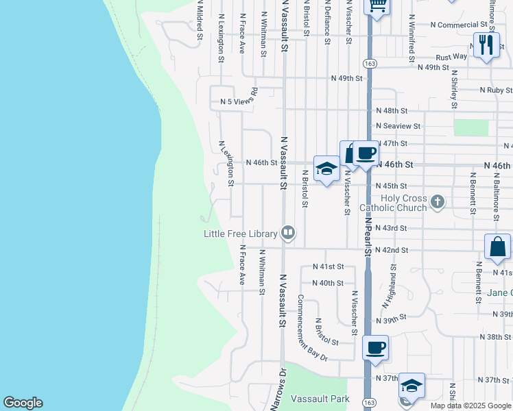 map of restaurants, bars, coffee shops, grocery stores, and more near 4250 North Whitman Street in Tacoma