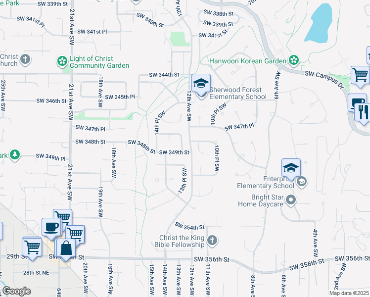 map of restaurants, bars, coffee shops, grocery stores, and more near 34817 11th Avenue Southwest in Federal Way