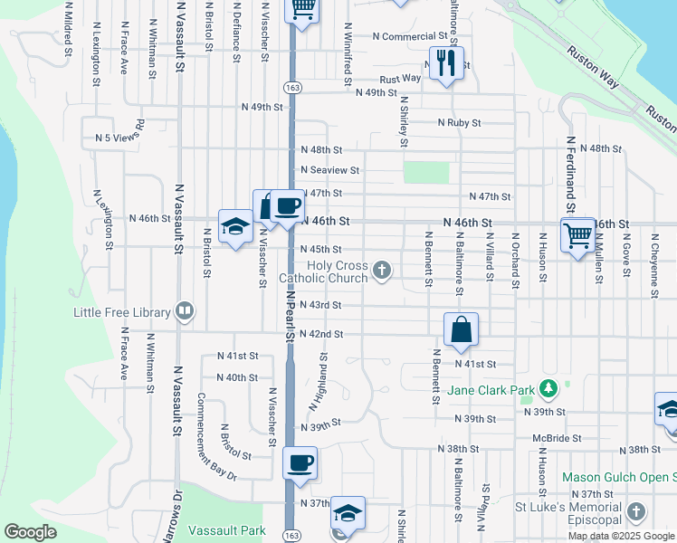 map of restaurants, bars, coffee shops, grocery stores, and more near in Tacoma