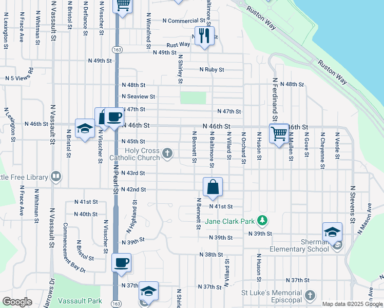 map of restaurants, bars, coffee shops, grocery stores, and more near 5401 North 44th Street in Tacoma