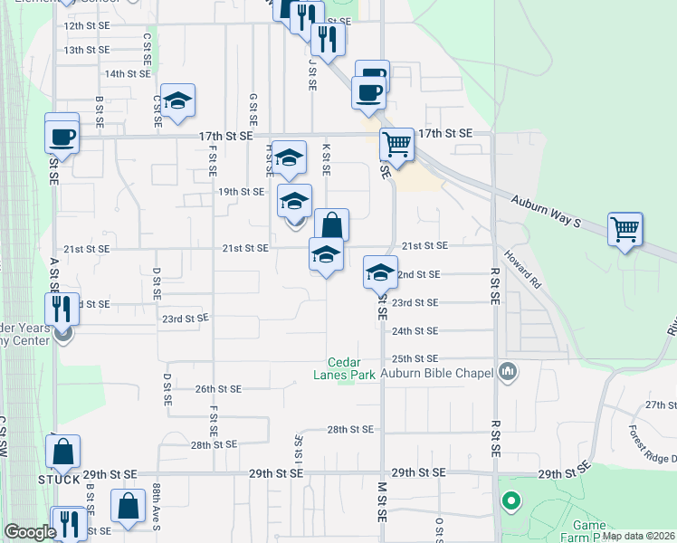 map of restaurants, bars, coffee shops, grocery stores, and more near 2138 K Street Southeast in Auburn
