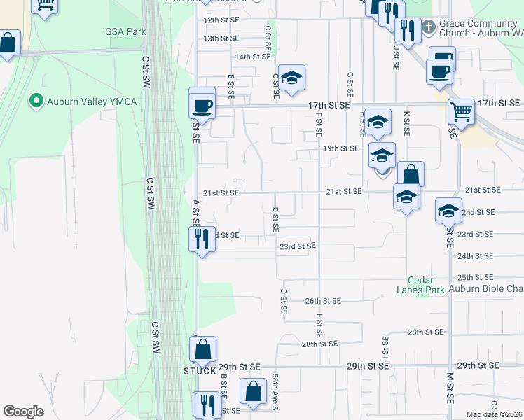 map of restaurants, bars, coffee shops, grocery stores, and more near 2201 D Street Southeast in Auburn