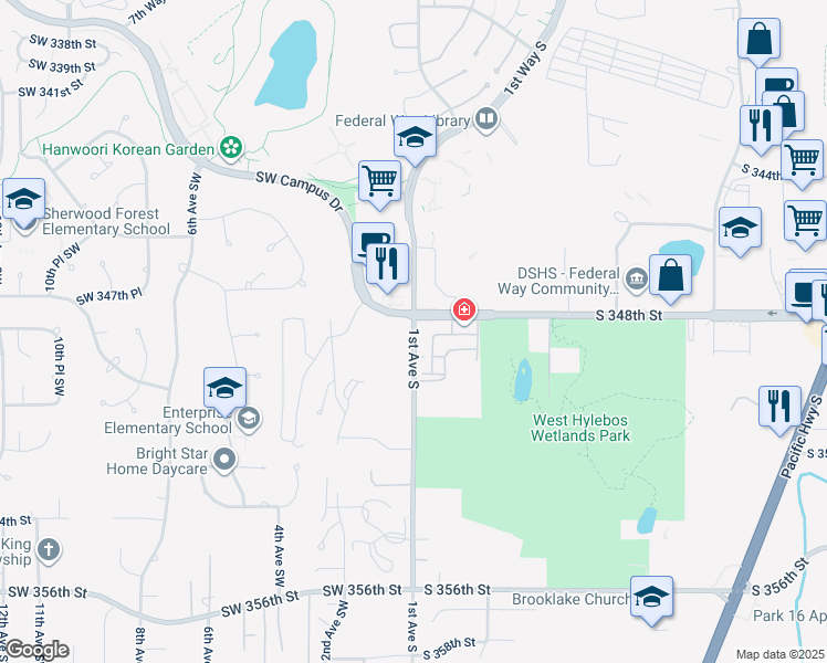 map of restaurants, bars, coffee shops, grocery stores, and more near 34896 1st Avenue South in Federal Way