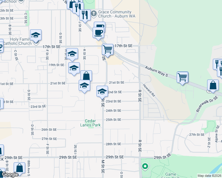 map of restaurants, bars, coffee shops, grocery stores, and more near 1230 22nd Street Southeast in Auburn
