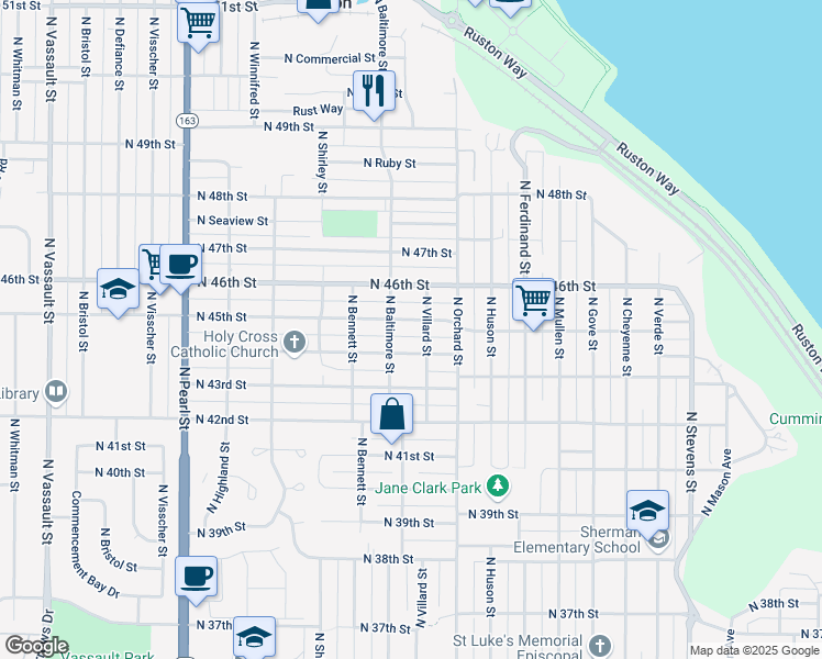 map of restaurants, bars, coffee shops, grocery stores, and more near 5205 North 44th Street in Tacoma