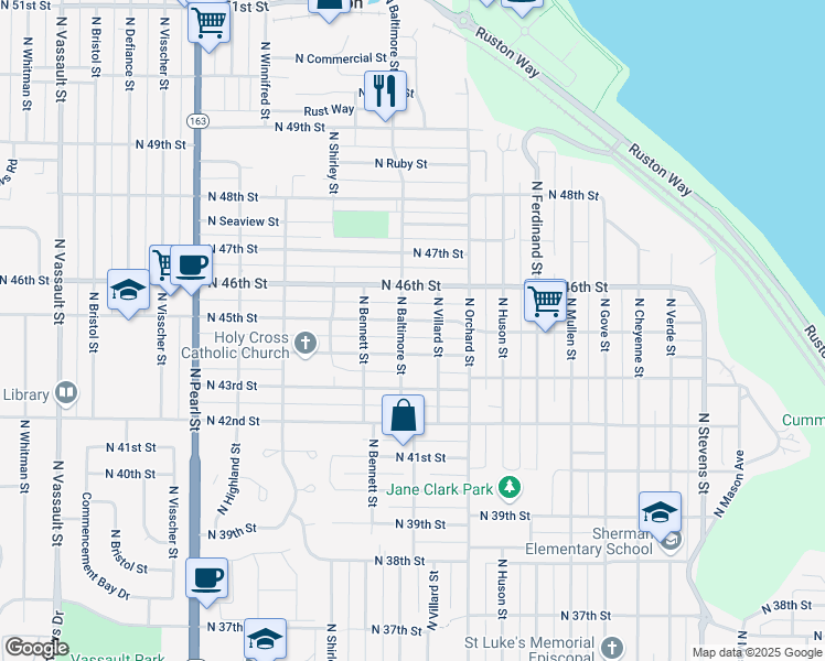 map of restaurants, bars, coffee shops, grocery stores, and more near 4402 North Baltimore Street in Tacoma