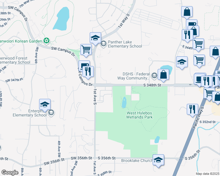 map of restaurants, bars, coffee shops, grocery stores, and more near 201 South 348th Street in Federal Way
