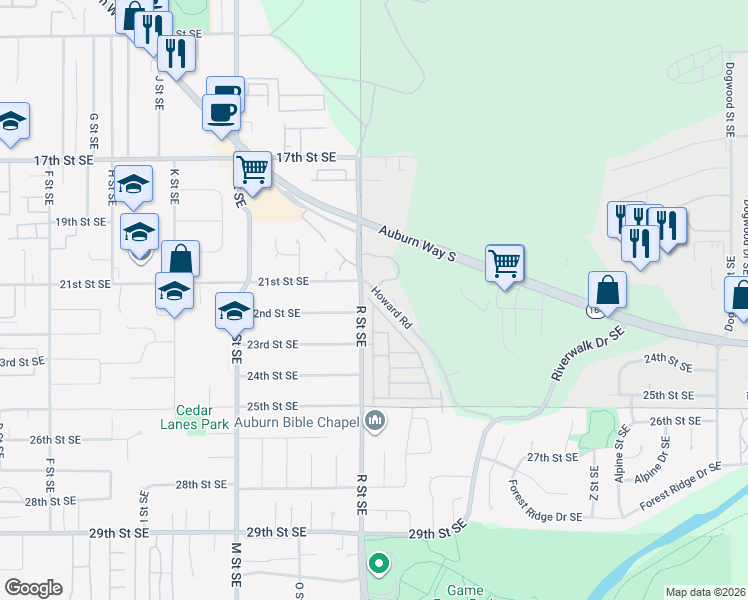 map of restaurants, bars, coffee shops, grocery stores, and more near 1540 22nd Street Southeast in Auburn