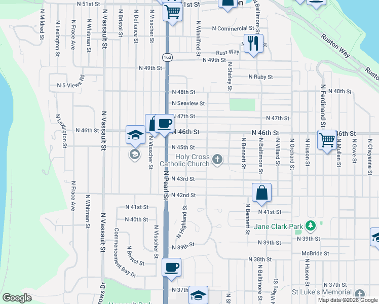 map of restaurants, bars, coffee shops, grocery stores, and more near in Tacoma