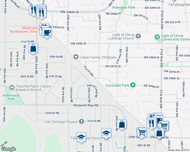 map of restaurants, bars, coffee shops, grocery stores, and more near 34720 31st Place Southwest in Federal Way