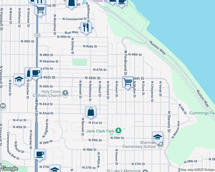 map of restaurants, bars, coffee shops, grocery stores, and more near 5018 North 46th Street in Tacoma