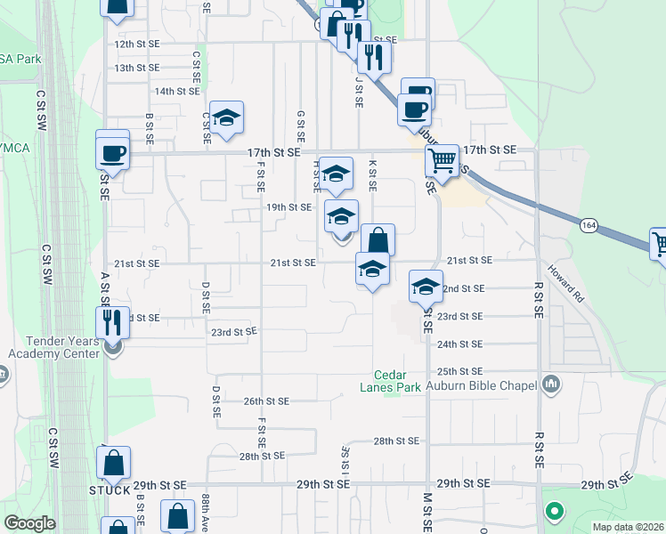 map of restaurants, bars, coffee shops, grocery stores, and more near 832 21st Street Southeast in Auburn