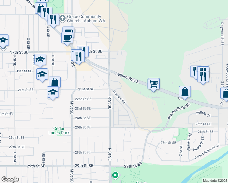 map of restaurants, bars, coffee shops, grocery stores, and more near 2109 Howard Road in Auburn