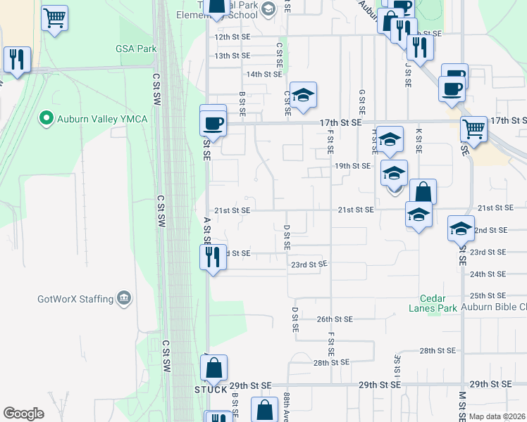 map of restaurants, bars, coffee shops, grocery stores, and more near 221 21st Place Southeast in Auburn