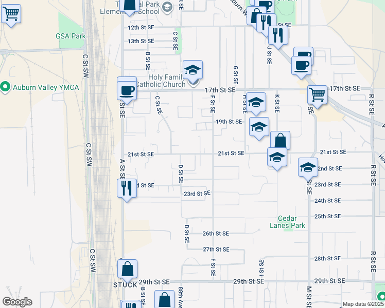 map of restaurants, bars, coffee shops, grocery stores, and more near 426 21st Street Southeast in Auburn