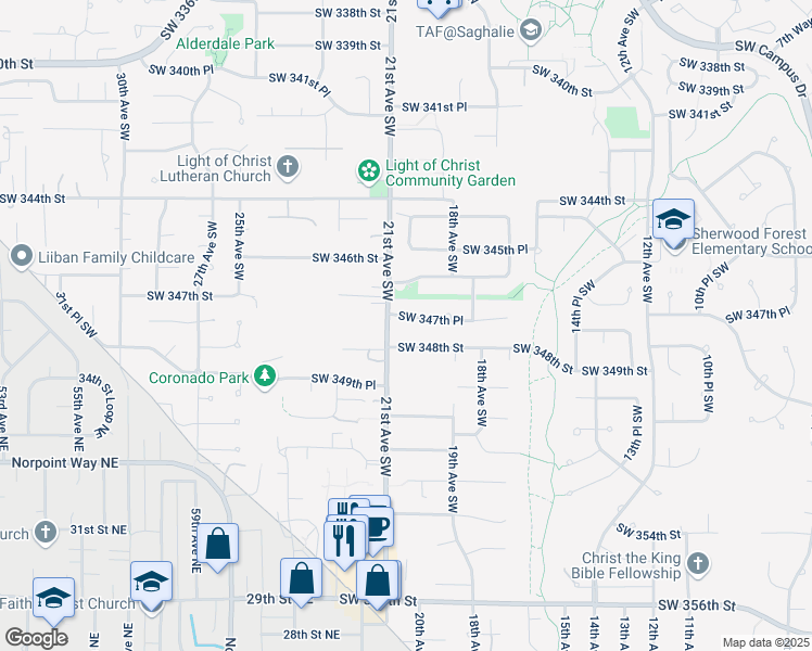 map of restaurants, bars, coffee shops, grocery stores, and more near 2022 Southwest 347th Place in Federal Way