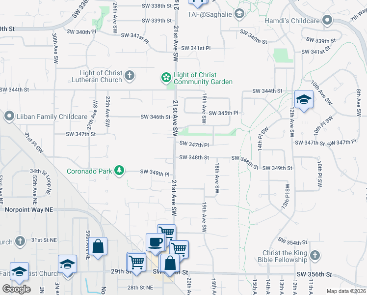 map of restaurants, bars, coffee shops, grocery stores, and more near 2022 Southwest 347th Place in Federal Way