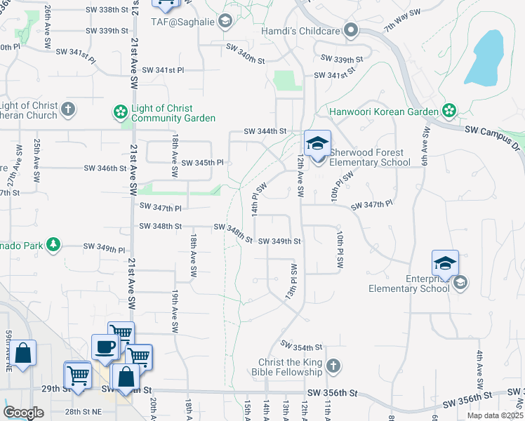 map of restaurants, bars, coffee shops, grocery stores, and more near 34724 14th Place Southwest in Federal Way