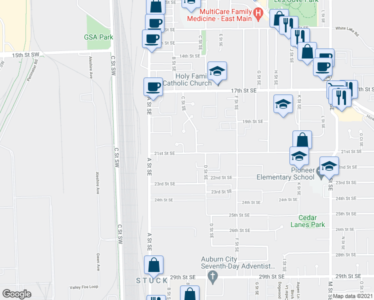 map of restaurants, bars, coffee shops, grocery stores, and more near 221 21st Place Southeast in Auburn
